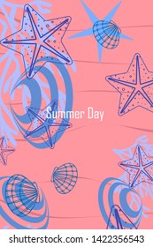 Underwater background. Cute colorful seashells and starfish. Summer design. Vector background