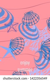Underwater background. Cute colorful seashells and starfish. Summer design. Vector background
