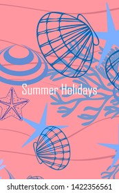 Underwater background. Cute colorful seashells and starfish. Summer design. Vector background