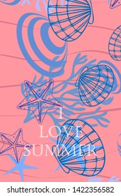 Underwater background. Cute colorful seashells and starfish. Summer design. Vector background