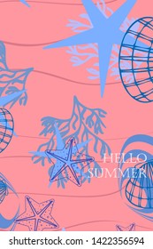 Underwater background. Cute colorful seashells and starfish. Summer design. Vector background