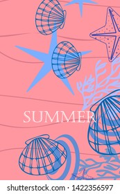 Underwater background. Cute colorful seashells and starfish. Summer design. Vector background