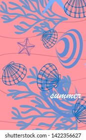 Underwater background. Cute colorful seashells and starfish. Summer design. Vector background