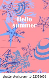 Underwater background. Cute colorful seashells and starfish. Summer design. Vector background