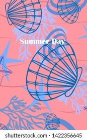 Underwater background. Cute colorful seashells and starfish. Summer design. Vector background