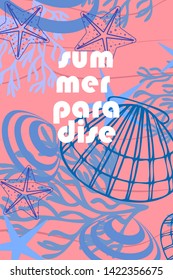 Underwater background. Cute colorful seashells and starfish. Summer design. Vector background
