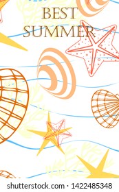 Underwater background. Cute colorful seashells and starfish. Summer design. Vector background