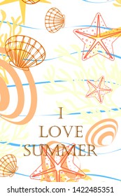 Underwater background. Cute colorful seashells and starfish. Summer design. Vector background