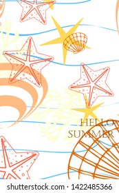 Underwater background. Cute colorful seashells and starfish. Summer design. Vector background