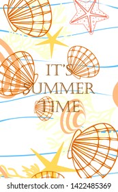 Underwater background. Cute colorful seashells and starfish. Summer design. Vector background