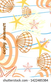 Underwater background. Cute colorful seashells and starfish. Summer design. Vector background
