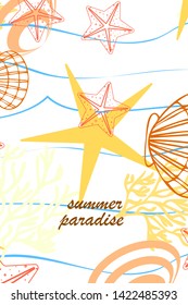 Underwater background. Cute colorful seashells and starfish. Summer design. Vector background