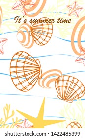 Underwater background. Cute colorful seashells and starfish. Summer design. Vector background