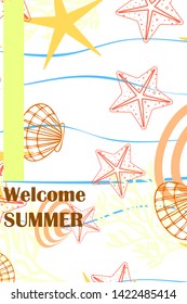 Underwater background. Cute colorful seashells and starfish. Summer design. Vector background