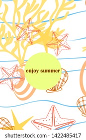 Underwater background. Cute colorful seashells and starfish. Summer design. Vector background