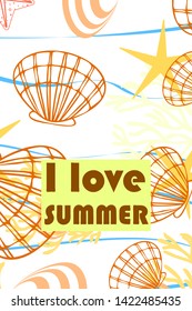 Underwater background. Cute colorful seashells and starfish. Summer design. Vector background