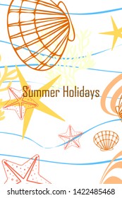 Underwater background. Cute colorful seashells and starfish. Summer design. Vector background