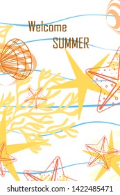 Underwater background. Cute colorful seashells and starfish. Summer design. Vector background