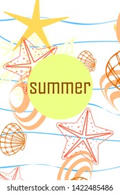 Underwater background. Cute colorful seashells and starfish. Summer design. Vector background
