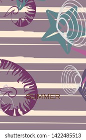 Underwater background. Cute colorful seashells and starfish. Summer design. Vector background