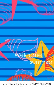 Underwater background. Cute colorful seashells and starfish. Summer design. Vector background