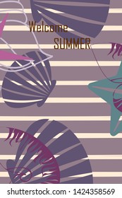 Underwater background. Cute colorful seashells and starfish. Summer design. Vector background