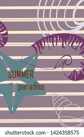 Underwater background. Cute colorful seashells and starfish. Summer design. Vector background