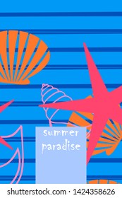 Underwater background. Cute colorful seashells and starfish. Summer design. Vector background