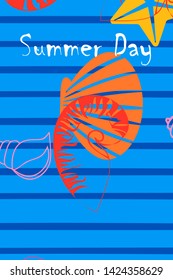 Underwater background. Cute colorful seashells and starfish. Summer design. Vector background