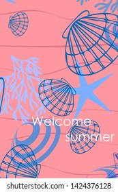 Underwater background. Cute colorful seashells and starfish. Summer design. Vector background