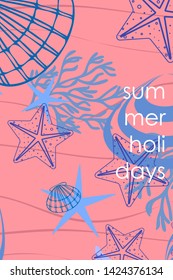 Underwater background. Cute colorful seashells and starfish. Summer design. Vector background