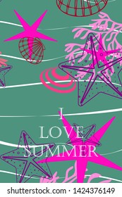 Underwater background. Cute colorful seashells and starfish. Summer design. Vector background