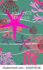 Underwater background. Cute colorful seashells and starfish. Summer design. Vector background