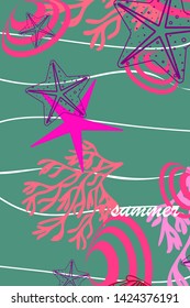 Underwater background. Cute colorful seashells and starfish. Summer design. Vector background