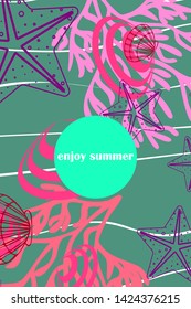 Underwater background. Cute colorful seashells and starfish. Summer design. Vector background