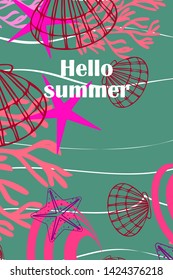Underwater background. Cute colorful seashells and starfish. Summer design. Vector background