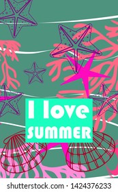 Underwater background. Cute colorful seashells and starfish. Summer design. Vector background