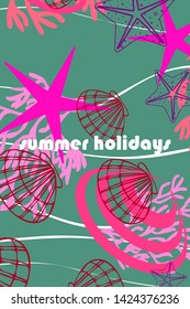 Underwater background. Cute colorful seashells and starfish. Summer design. Vector background