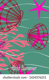 Underwater background. Cute colorful seashells and starfish. Summer design. Vector background