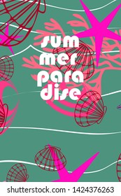 Underwater background. Cute colorful seashells and starfish. Summer design. Vector background