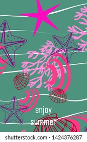 Underwater background. Cute colorful seashells and starfish. Summer design. Vector background