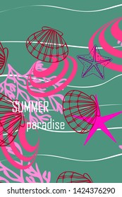 Underwater background. Cute colorful seashells and starfish. Summer design. Vector background