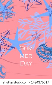Underwater background. Cute colorful seashells and starfish. Summer design. Vector background