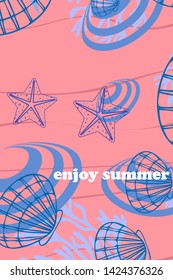 Underwater background. Cute colorful seashells and starfish. Summer design. Vector background