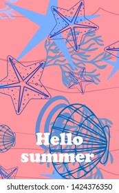 Underwater background. Cute colorful seashells and starfish. Summer design. Vector background