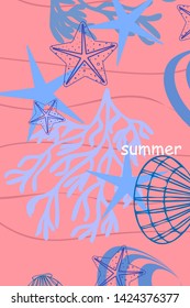 Underwater background. Cute colorful seashells and starfish. Summer design. Vector background