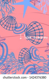 Underwater background. Cute colorful seashells and starfish. Summer design. Vector background