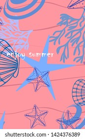 Underwater background. Cute colorful seashells and starfish. Summer design. Vector background