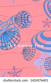 Underwater background. Cute colorful seashells and starfish. Summer design. Vector background