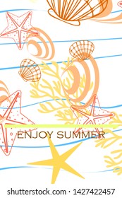 Underwater background. Cute colorful seashells and starfish. Summer design. Vector background